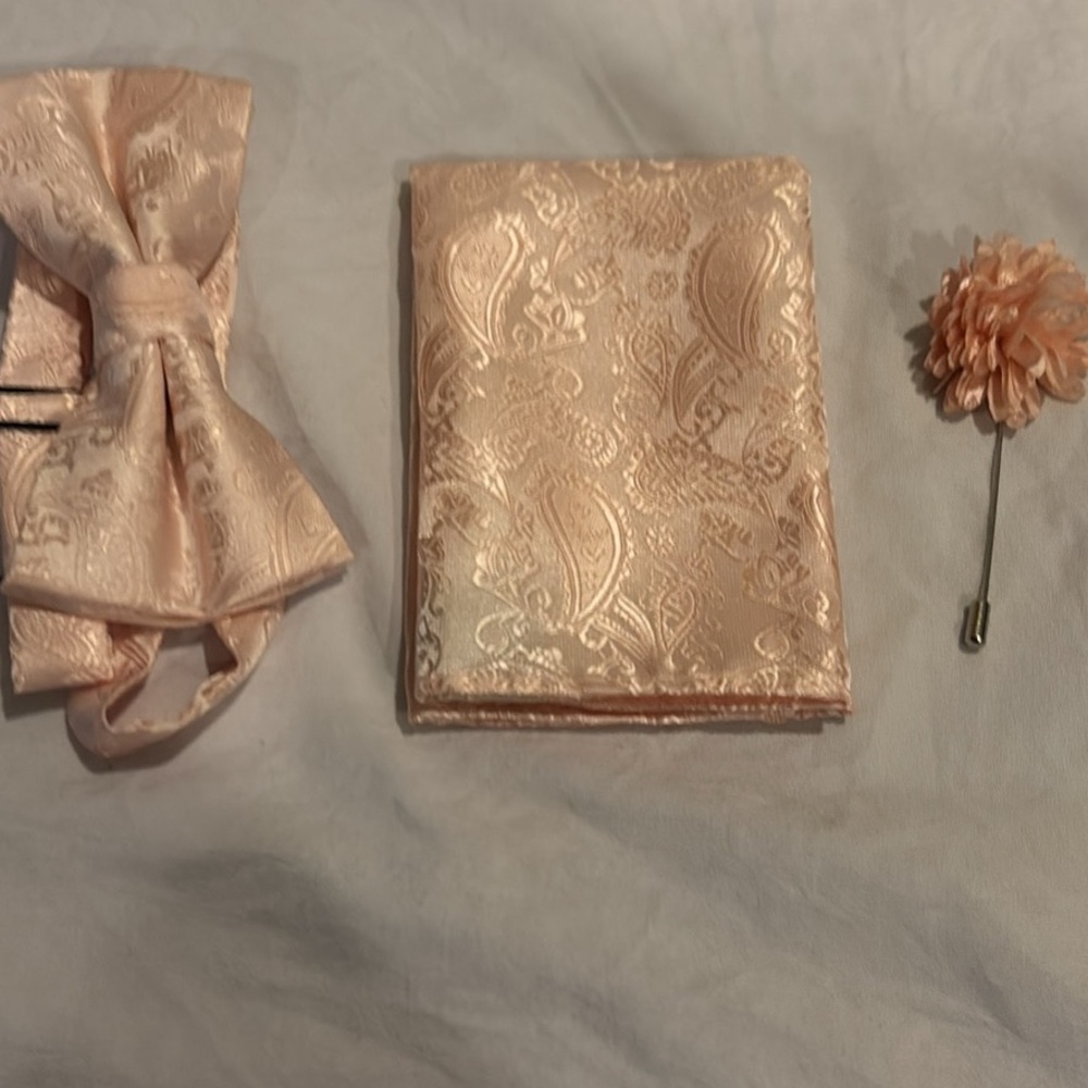 Peach Paisley Satin Pocket Square & Bow Tie Set